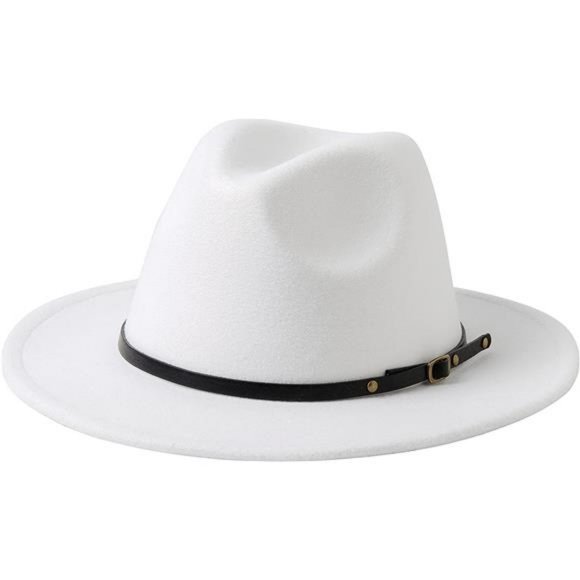 Lanzom Womens Classic Wide Brim Floppy Panama Hat Belt Buckle Wool Fedora Hat